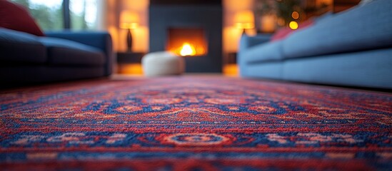 Poster - Cozy living room with intricate carpet design and warm fireplace ambiance, emphasizing comfort and home decor aesthetics.