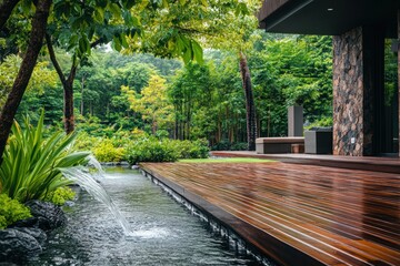 Wall Mural - Tropical garden water feature deck luxury home