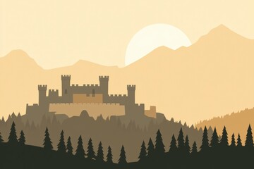 Poster - Minimalist representation of an ancient castle on a hilltop with mountains in the background and space for text at sunset. Generative AI
