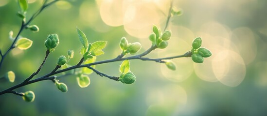 Aufkleber - Branch of thuja buds with fresh green leaves in soft natural light showcasing seasonal growth and renewal in a tranquil garden setting