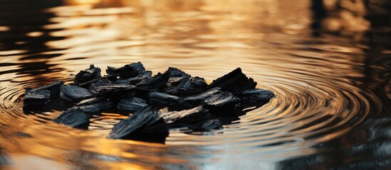 Aufkleber - burnt charcoal floating in tranquil water with ripples reflecting warm light
