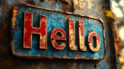 A close-up image of a vintage rusted sign displaying the word 'Hello', showcasing a blend of colors and textures, perfect for conveying warmth and nostalgia