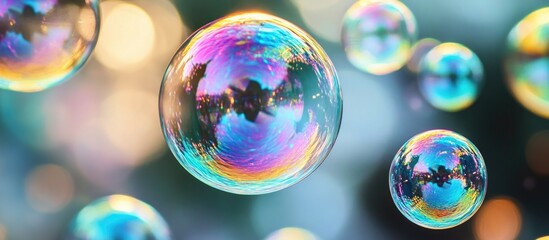 Poster - Vibrant iridescent soap bubbles reflecting colorful hues against a blurred background creating a dreamy and artistic atmosphere.