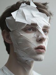 Wall Mural - man with piece of paper on face surrounded by geometric patterns and zen papaya elements