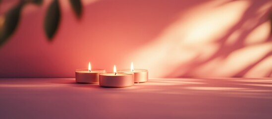 Poster - Candlelight Shadows on Pink Background with Natural Lighting and Empty Space for Text or Branding