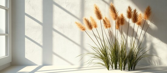 Aufkleber - Dried bulrush plants casting shadows on a bright white wall in a sunlit room setting