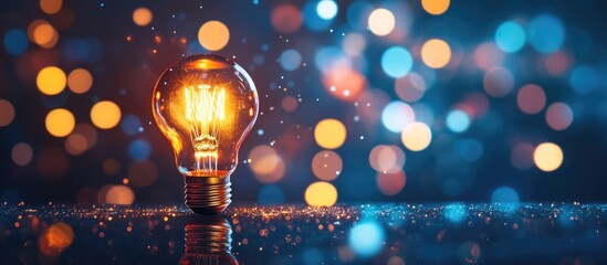 Leinwandbilder - Illuminated vintage light bulb surrounded by a colorful bokeh background creating a warm and inviting atmosphere for creative projects.