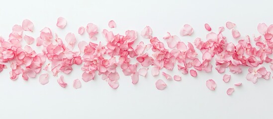 Poster - Cherry blossom petals scattered on a minimalist white background creating a serene and artistic floral arrangement.