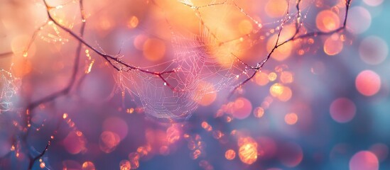 Fototapete - Abstract spider web with blurred colorful background showcasing an artistic play of light and texture in nature's intricate design.