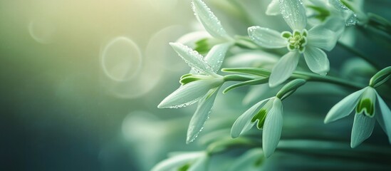 Poster - Delicate snowdrop flowers in soft focus with a serene blurred background showcasing their beauty in a macro perspective.