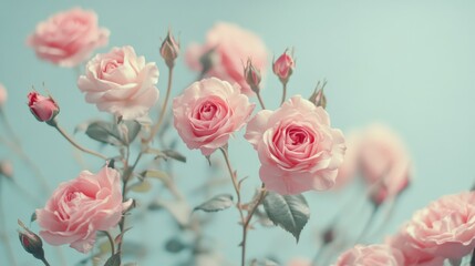 Wall Mural - Delicate pink roses against a soft blue background creating a serene atmosphere with ample space for text and creative design elements.