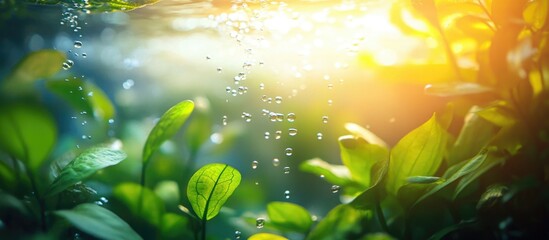 Aufkleber - Bubbles in a fish tank with dew-covered leaves illuminated by sunlight creating a serene organic nature background