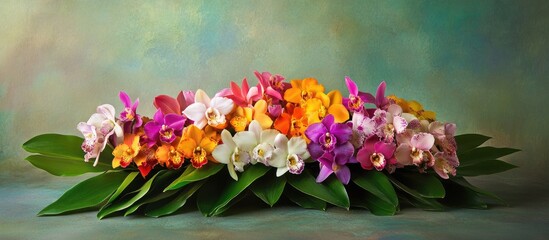 Poster - Vibrant bouquet of orchids in an elegant arrangement showcasing lush green leaves on a soft nature-inspired background.