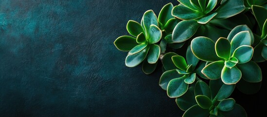 Wall Mural - Lush jade plant leaves against a dark backdrop creating a stunning contrast with ample copy space for design purposes