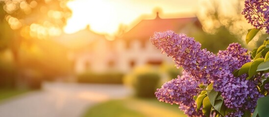Aufkleber - Sunlit lilac blossoms in a rural village setting with a picturesque road and warm golden light creating a serene atmosphere