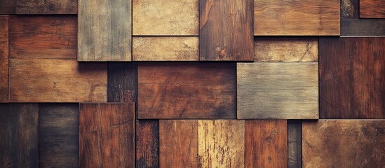 Poster - Geometric abstract background of varied brown wooden rectangles showcasing texture and depth for design and presentation use.