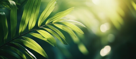 Wall Mural - Close up of vibrant green leaves illuminated by sunlight creating a serene natural background for design or wallpaper use.