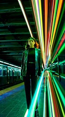 Aufkleber - A futuristic subway tunnel with neon lights streaking around her.
