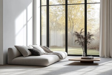 Aufkleber - Minimalist Cozy Gray Sofa in Modern Scandinavian Living Room with Nature View