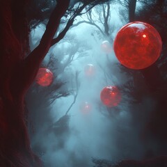 Wall Mural - Red balloon floating in the air between a tree and a zen papaya in a mystical fog