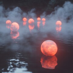 Wall Mural - Group of red spheres floating in water surrounded by mist and fog creating a mystical atmosphere