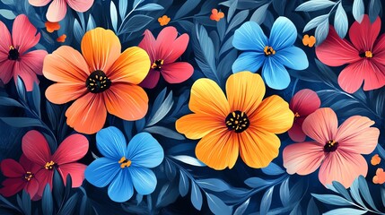 A vibrant composition of assorted flowers featuring vivid colors like orange, red, pink, and blue against a deep blue background, creating a lively and energetic ambiance.