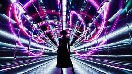 Aufkleber - A futuristic subway tunnel with neon lights streaking around her.