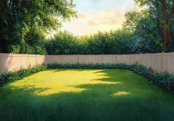 Wall Mural - Vibrant backyard landscape with sunlit green lawn and wooden fence surrounded by lush nature