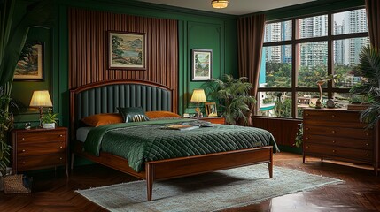 Canvas Print - Green bedroom, wood furniture, city view, calm morning