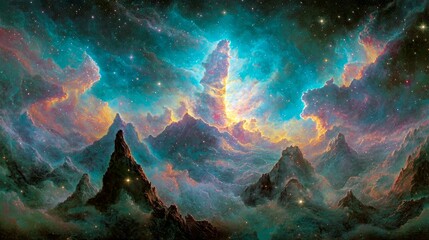 Wall Mural - cosmic landscape: majestic mountains and nebulae in a starry night sky