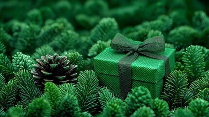 Poster - Green gift box nestled in pine boughs; holiday background; festive season card