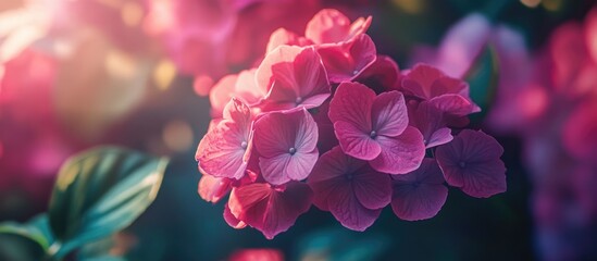 Wall Mural - Closeup of vibrant pink hydrangea flowers blooming in a lush green garden showcasing delicate petals and natural sunlight.