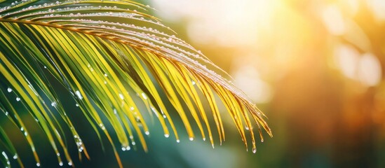 Wall Mural - Closeup of a palm tree leaf glistening with water droplets against a soft natural background for advertising or design concepts.