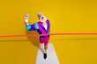 © deagreez - Full size photo poster of handsome granddad sportsman hurry running finish line wear vintage sportswear isolated on yellow color background
