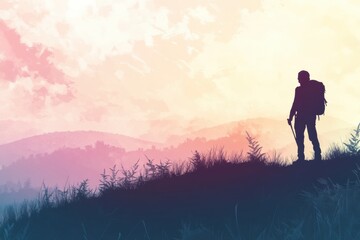 Aufkleber - Hiker standing on a mountain ridge during sunset with open space for text. Generative AI