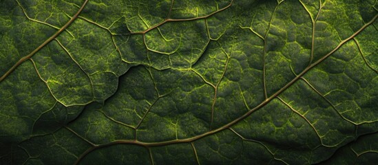 Wall Mural - Closeup view of intricate green leaf texture illuminated softly for a dark nature background in a tropical setting