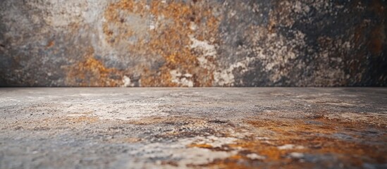 Poster - Rustic concrete floor texture with aged rusty steel background showcasing intricate details and color variations. Ideal for industrial design concepts.