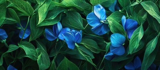 Poster - Vibrant butterfly pea flowers nestled among lush green foliage showcasing botanical beauty and nature's colors.