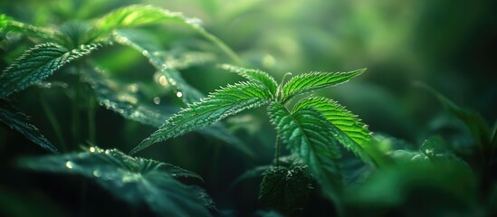 Fototapete - Lush green leaves of common nettle Urtica dioica glistening with dew in a serene Transcarpathian natural setting