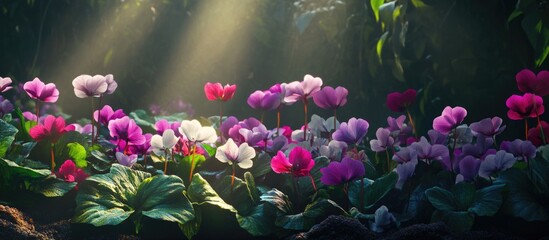 Poster - Vibrant Cyclamen Flowers in a Lush Forest with Soft Sunlight Illuminating the Scene