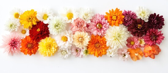 Leinwandbilder - Charming flat lay arrangement of vibrant chrysanthemums in various colors isolated on a clean white background for floral design concepts