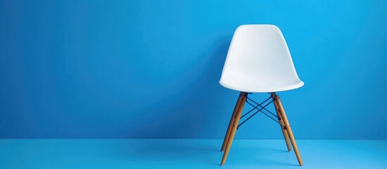 Fototapete - Stylish white chair with wooden legs set against a vibrant blue wall in a modern interior design showcasing empty space for text.
