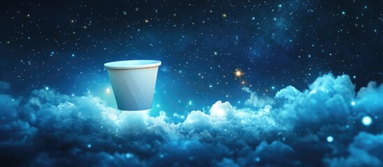 Poster - Paper cup floating in a dreamy starry sky with clouds creating a whimsical and surreal atmosphere for creative concepts.