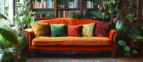 Aufkleber - Stylish living room with a cozy orange sofa decorated with pillows surrounded by lush plants and an inviting bookshelf for text placement