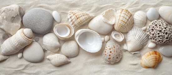 Fototapete - Natural arrangement of various pebbles and seashells on a soft beige surface for beach and nature themed designs