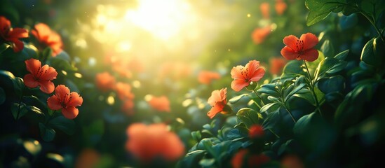 Poster - Vibrant red and green floral landscape bathed in sunlight creating a serene and enchanting nature scene.