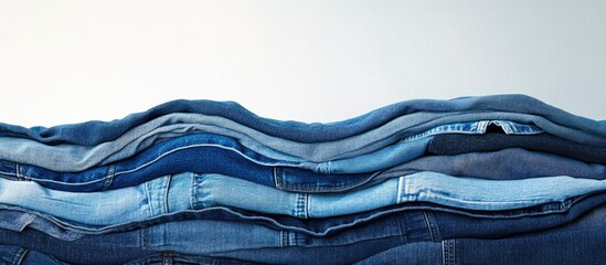 Poster - Variety of folded blue jeans showcasing different washes and tones arranged in a stylish stack against a clean background.