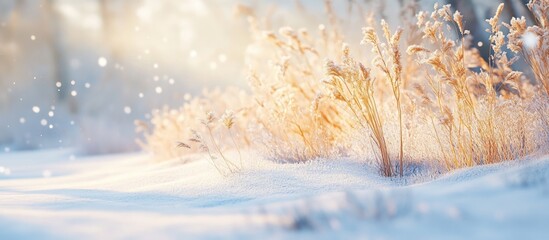 Wall Mural - Winter meadow with dry plants covered in snow and gentle snowfall creating a serene and tranquil atmosphere in a natural setting.