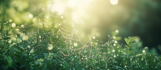 Wall Mural - morning dew glistening on a spider web surrounded by lush greenery illuminated by soft sunlight in a