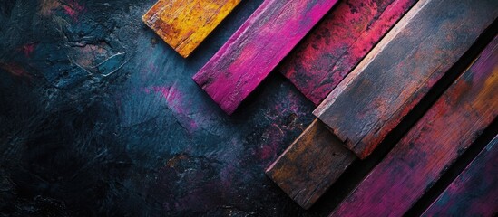 Fototapete - Vibrant colored pencils arranged on a dark textured background with ample empty space for creative text insertion.